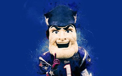Pat Patriot, official mascot, New England Patriots, 4k, art, NFL, USA, grunge art, symbol, blue background, paint art, National Football League, NFL mascots, New England Patriots mascot