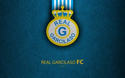 Real Garcilaso FC, 4k, logotipo, textura de cuero, Peruana de f&#250;tbol del club, el escudo, azul, blanco, l&#237;neas, Peruano de Primera Divisi&#243;n, Cuzco, Per&#250;, f&#250;tbol