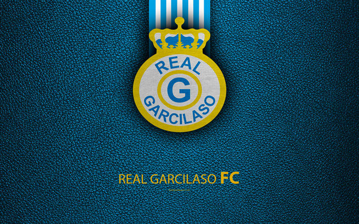 Real Garcilaso FC, 4k, logo, leather texture, Peruvian football club, emblem, blue white lines, Peruvian Primera Division, Cuzco, Peru, football