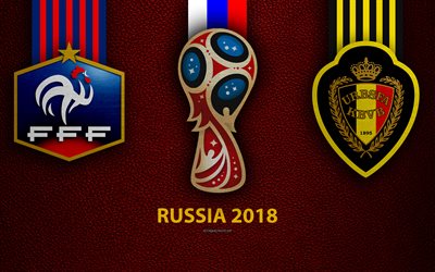 France vs Belgium, Semifinal, Round 4, 4k, leather texture, logo, 2018 FIFA World Cup, Russia 2018, July 10, football match, creative art, national football teams