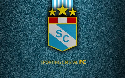 Sporting Cristal FC, 4k, logotipo, textura de cuero, Peruana de f&#250;tbol del club, el escudo, azul, blanco, l&#237;neas, Peruano de Primera Divisi&#243;n, Lima, Per&#250;, f&#250;tbol