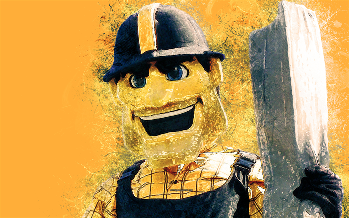 Steely McBeam, official mascot, Pittsburgh Steelers, 4k, art, NFL, USA, grunge art, symbol, blue background, paint art, National Football League, NFL mascots, Pittsburgh Steelers mascot