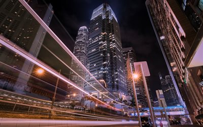 香港, 4k, 近代ビル, 高層ビル群, 夜景, 交通信号灯器, アジア, 中国