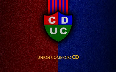 CD Uni&#243;n Comercio, 4k, logotipo, textura de cuero, una Peruana de f&#250;tbol del club, emblema, color azul las l&#237;neas rojas, Peruano de Primera Divisi&#243;n, Nueva Cajamarca, Per&#250;, f&#250;tbol