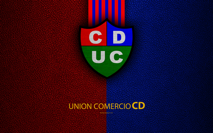 CD Uni&#243;n Comercio, 4k, logotipo, textura de cuero, una Peruana de f&#250;tbol del club, emblema, color azul las l&#237;neas rojas, Peruano de Primera Divisi&#243;n, Nueva Cajamarca, Per&#250;, f&#250;tbol