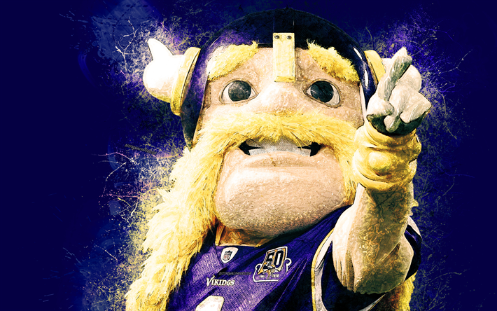Viktor the Viking, official mascot, Minnesota Vikings, 4k, art, NFL, USA, grunge art, symbol, purple background, paint art, National Football League, NFL mascots, Minnesota Vikings mascot