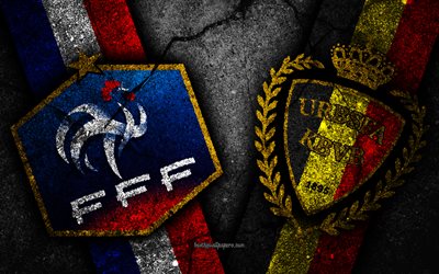 France vs Belgium, 4k, FIFA World Cup 2018, Round of 4, logo, Russia 2018, Soccer World Cup, France football team, Belgium football team, black stone, Semi-finals