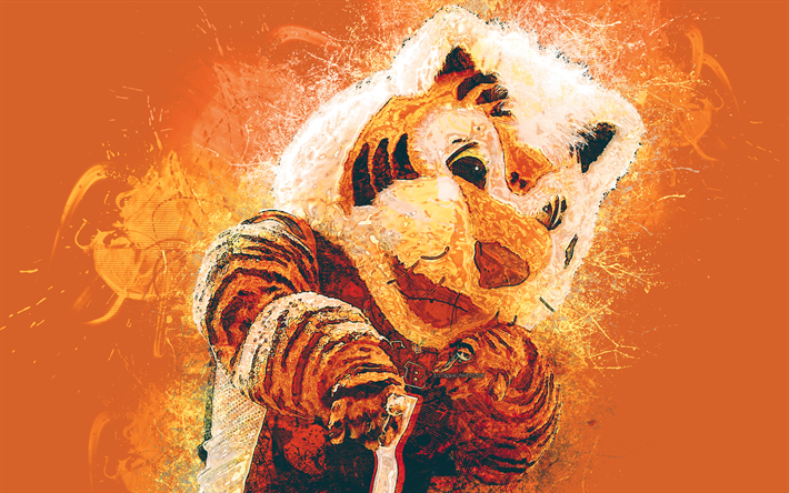 Who Dey, 4k, official mascot, Cincinnati Bengals, flame art, orange background, NFL, USA, tiger, grunge art, symbol, splashes, National Football League, NFL mascots, Cincinnati Bengals mascot