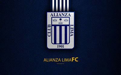 Club Alianza Lima, 4k, logo, deri dokusu, Peru Futbol Kul&#252;b&#252; amblemi, mavi beyaz &#231;izgiler, Peru, Lig, Lima, futbol, Alianza FC