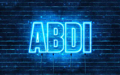 Abdi, 4k, bakgrundsbilder med namn, Abdi namn, bl&#229; neonljus, Grattis p&#229; f&#246;delsedagen Abdi, popul&#228;ra arabiska manliga namn, bild med Abdi namn