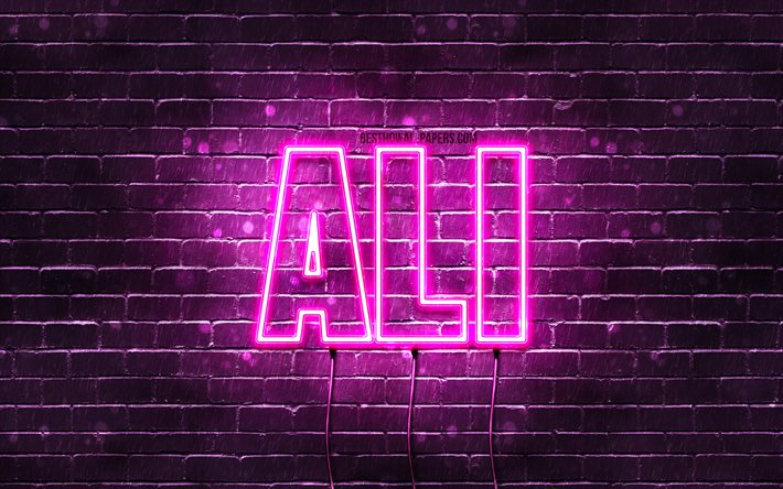 Ali, 4k, pap&#233;is de parede com nomes, nomes femininos, nome Ali, luzes de neon roxas, Feliz Anivers&#225;rio Ali, nomes femininos &#225;rabes populares, foto com nome Ali