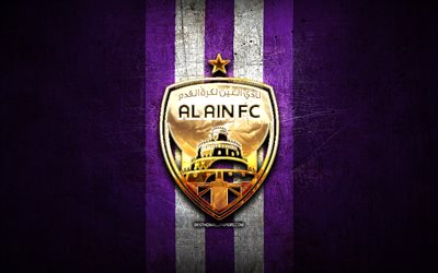 Al-Ain FC, golden logo, Saudi Professional League, violet metal background, football, saudi football club, Al-Ain logo, soccer, Al-Ain
