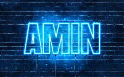 Amin, 4k, wallpapers with names, Amin name, blue neon lights, Happy Birthday Amin, popular arabic male names, picture with Amin name