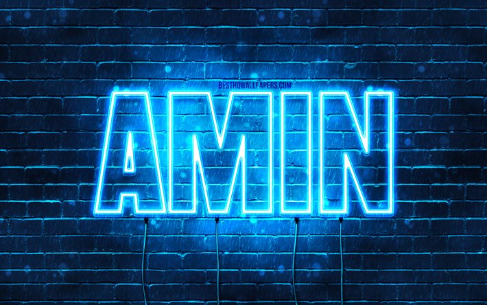 Amin, 4k, pap&#233;is de parede com nomes, nome Amin, luzes de neon azuis, Amin feliz anivers&#225;rio, nomes masculinos &#225;rabes populares, foto com nome Amin