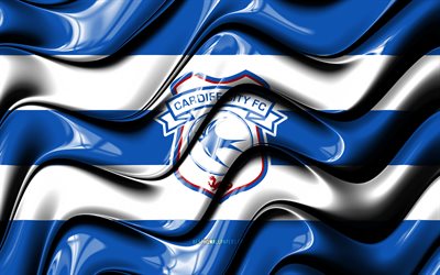 Cardiff City FC bandeira, 4k, ondas 3D azuis e brancas, EFL Championship, clube de futebol ingl&#234;s, futebol, logotipo cardiff City FC, Cardiff City FC, FC Cardiff City