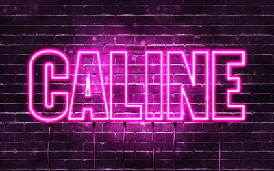 Caline, 4k, pap&#233;is de parede com nomes, nomes femininos, nome caline, luzes de neon roxo, Feliz Anivers&#225;rio Caline, nomes femininos &#225;rabes populares, foto com nome Caline
