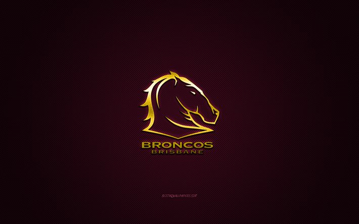 Brisbane Broncos, club de rugby australien, NRL, logo jaune, fond en fibre de carbone rouge, National Rugby League, rugby, Brisbane, Australie, logo Brisbane Broncos