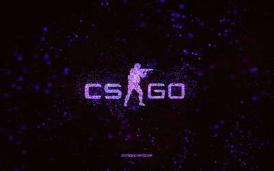 CS GO-glitter-logo, musta tausta, CS GO-logo, Counter-Strike, violetti kimallustaide, CS GO, creative art, CS GO-violetti glitter-logo, Counter-Strike Global Offensive