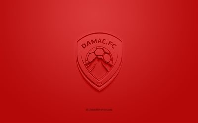 ダマクFC, クリエイティブな3Dロゴ, 赤い背景, アポタクッス, サウジアラビアサッカークラブ, プロリーグ, ハミース・ムシャイト, サウジアラビア, 3Dアート, フットボール。, ダマクFC3Dロゴ