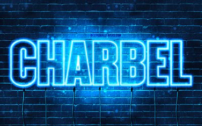 Charbel, 4k, bakgrundsbilder med namn, Charbel-namn, bl&#229; neonljus, Grattis p&#229; f&#246;delsedagen Charbel, popul&#228;ra arabiska manliga namn, bild med Charbel-namn