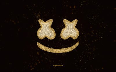 marshmello-glitter-logo, schwarzer hintergrund, marshmello-logo, gold-glitter-kunst, marshmello, kreative kunst, marshmello-gold-glitter-logo