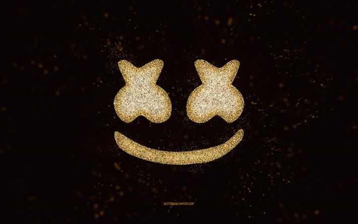 Logotipo com purpurina Marshmello, fundo preto, logotipo Marshmello, arte com glitter dourado, Marshmello, arte criativa, logotipo com glitter dourado Marshmello