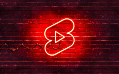 Youtube şort kırmızı logo, 4k, kırmızı neon ışıklar, yaratıcı, kırmızı soyut arka plan, Youtube şort logosu, sosyal ağ, Youtube şort