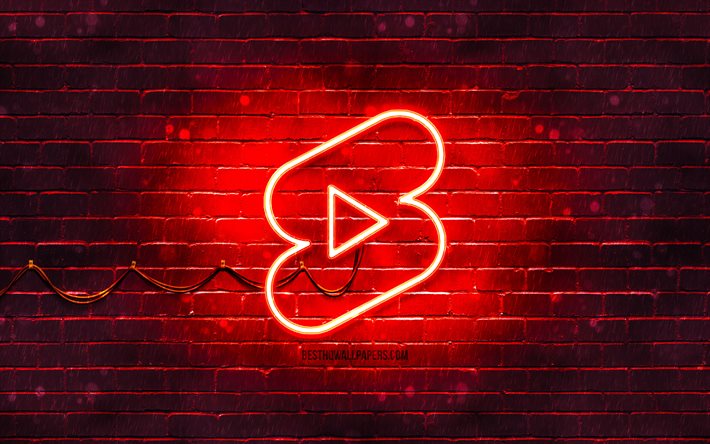 Pantaloncini Youtube logo rosso, 4k, luci al neon rosse, creativo, sfondo astratto rosso, logo pantaloncini Youtube, social network, pantaloncini Youtube