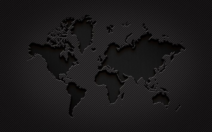 Mapa do mundo de carbono, 4k, arte grunge, fundo de carbono, criativo, Mapa do mundo negro, conceitos de viagem, conceitos do mapa do mundo, mapa do mundo