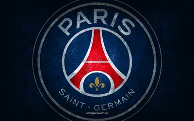 Paris-Saint-Germain, sele&#231;&#227;o francesa de futebol, fundo azul, logotipo do Paris-Saint-Germain, arte grunge, Ligue 1, Fran&#231;a, futebol, emblema do PSG, logotipo do PSG