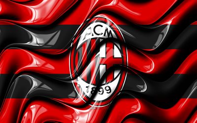 Bandeira do AC Milan, 4k, ondas 3D vermelhas e pretas, S&#233;rie A, clube de futebol italiano, futebol, logotipo do AC Milan, AC Milan, Milan FC