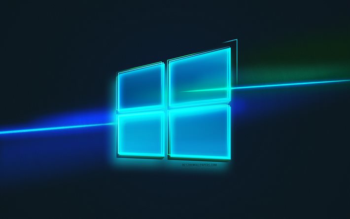Windows 10-logotyp, ljuskonst, Windows-emblem, bakgrund med bl&#229;tt ljuslinje, Windows-logotyp, kreativ konst, Windows