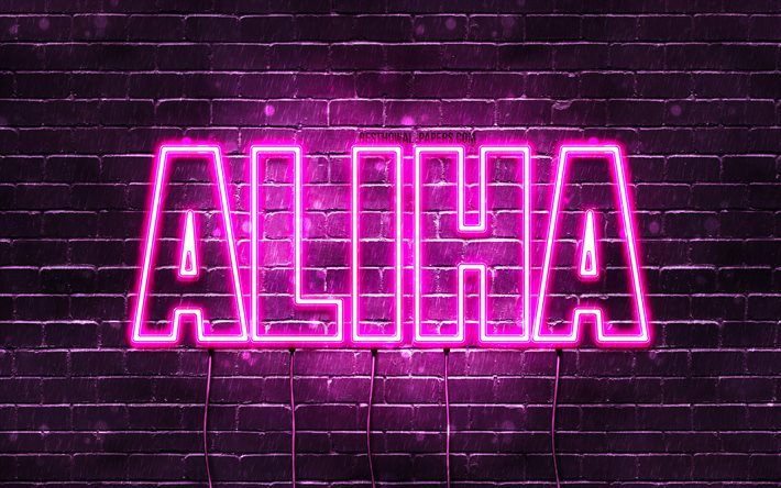 Aliha, 4k, fonds d&#39;&#233;cran avec des noms, noms f&#233;minins, nom Aliha, n&#233;ons violets, joyeux anniversaire Aliha, noms f&#233;minins arabes populaires, photo avec nom Aliha
