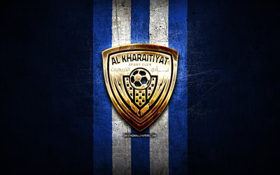 Al Kharitiyath FC, golden logo, QSL, blue metal background, football, qatari football club, Al Kharitiyath logo, soccer, Al Kharitiyath SC