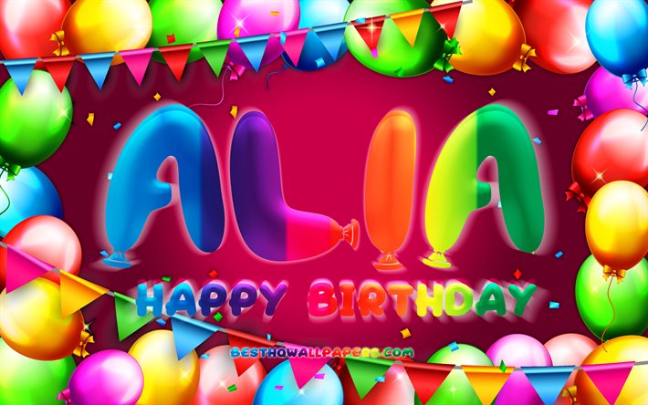誕生日おめでとう, 4k, カラフルなバルーンフレーム, アリアの名前, 紫の背景, アリアの誕生日, 人気のアメリカ人女性の名前, 誕生日のコンセプト, アリア