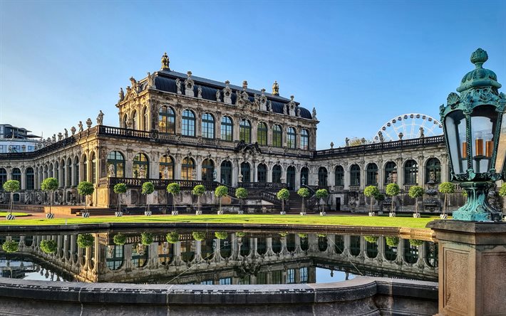 Zwinger, Dresden, ilta, auringonlasku, palatsi, suihkul&#228;hde, Dresdenin maamerkki, Saksa