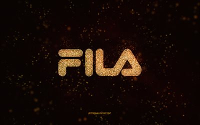 Fila glitter logo, 4k, black background, Fila logo, golden glitter art, Fila, creative art, Fila golden glitter logo