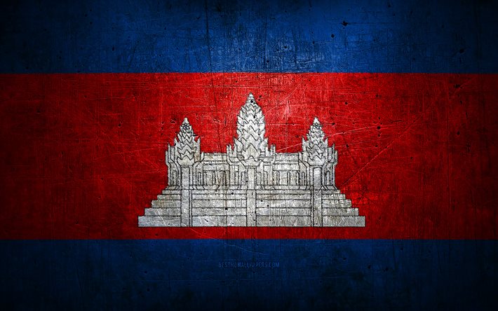 Cambodian metal flag, grunge art, asian countries, national symbols, Cambodia flag, metal flags, Flag of Cambodia, Asia, Cambodian flag, Cambodia