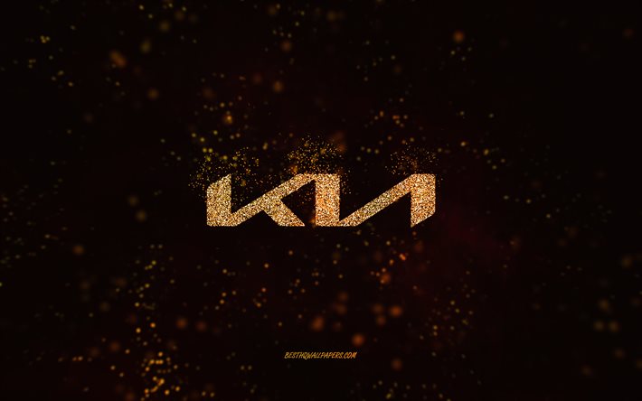 Kia glitter logo, 4k, black background, Kia logo, gold glitter art, Kia, creative art, Kia gold glitter logo