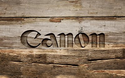 Canon wooden logo, 4K, wooden backgrounds, brands, Canon logo, creative, wood carving, Canon