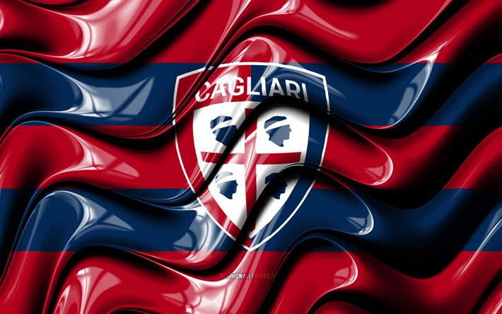 Cagliari FC bayrağı, 4k, mor ve mavi 3D dalgalar, İtalyan Futbol Kul&#252;b&#252;, futbol, Cagliari logo, Cagliari Calcio, Cagliari FC Serie