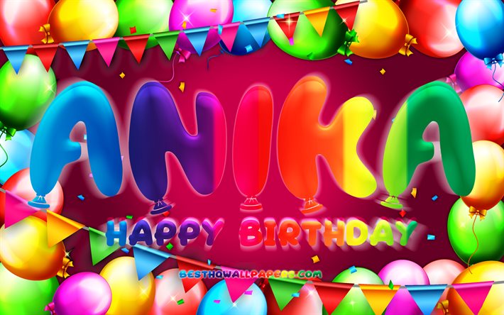 Buon compleanno Anika, 4k, cornice di palloncini colorati, nome Anika, sfondo viola, buon compleanno Anika, compleanno Anika, nomi femminili americani popolari, concetto di compleanno, Anika