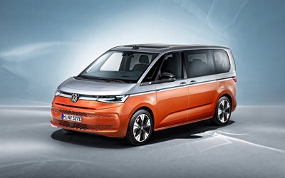 2022, volkswagen multivan, 4k, vorderansicht, exterieur, neuer orangefarbener multivan, deutsche autos, volkswagen