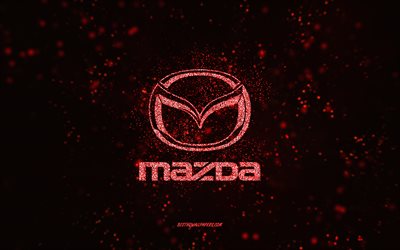 Mazda kimallus logo, 4k, musta tausta, Mazda logo, punainen kimallustaide, Mazda, luova taide, Mazda punainen kimallus logo