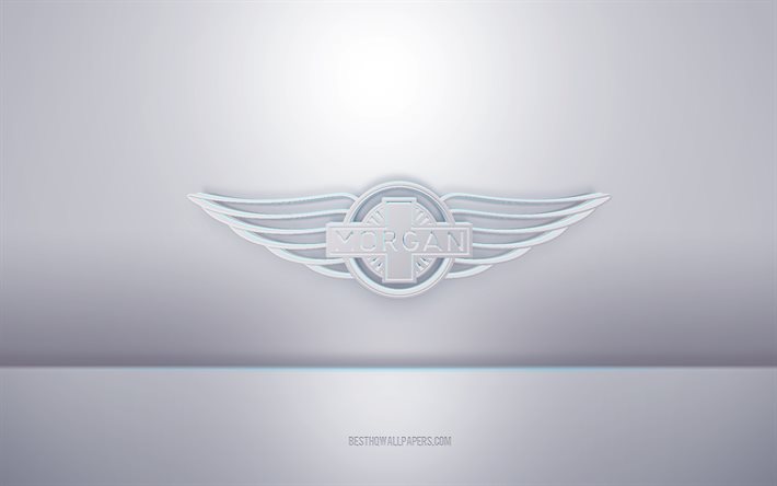 شعار مورغان الأبيض ثلاثي الأبعاد, خلفية رمادية, شعار مورغان, الفن الإبداعي 3D, مورغان, 3d شعار