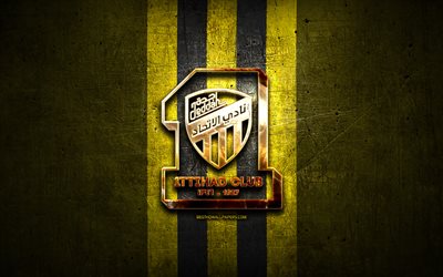 Al-Ittihad FC, golden logo, Saudi Professional League, yellow metal background, football, saudi football club, Al-Ittihad logo, Al-Ittihad Club, soccer, Al-Ittihad Jeddah