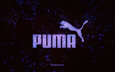 Logotipo com glitter Puma, 4k, fundo preto, logotipo Puma, arte com glitter roxo, Puma, arte criativa, logotipo com glitter roxo Puma