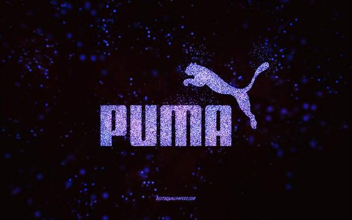 Puma logo glitter, 4k, sfondo nero, logo Puma, arte glitter viola, Puma, arte creativa, logo Puma viola glitter