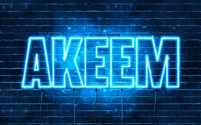 Akeem, 4k, wallpapers with names, Akeem name, blue neon lights, Happy Birthday Akeem, popular arabic male names, picture with Akeem name