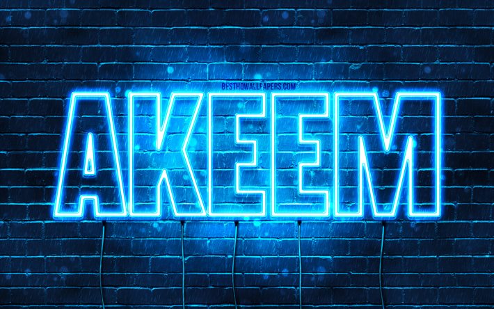 Akeem, 4k, fonds d&#39;&#233;cran avec des noms, nom Akeem, n&#233;ons bleus, joyeux anniversaire Akeem, noms masculins arabes populaires, photo avec nom Akeem
